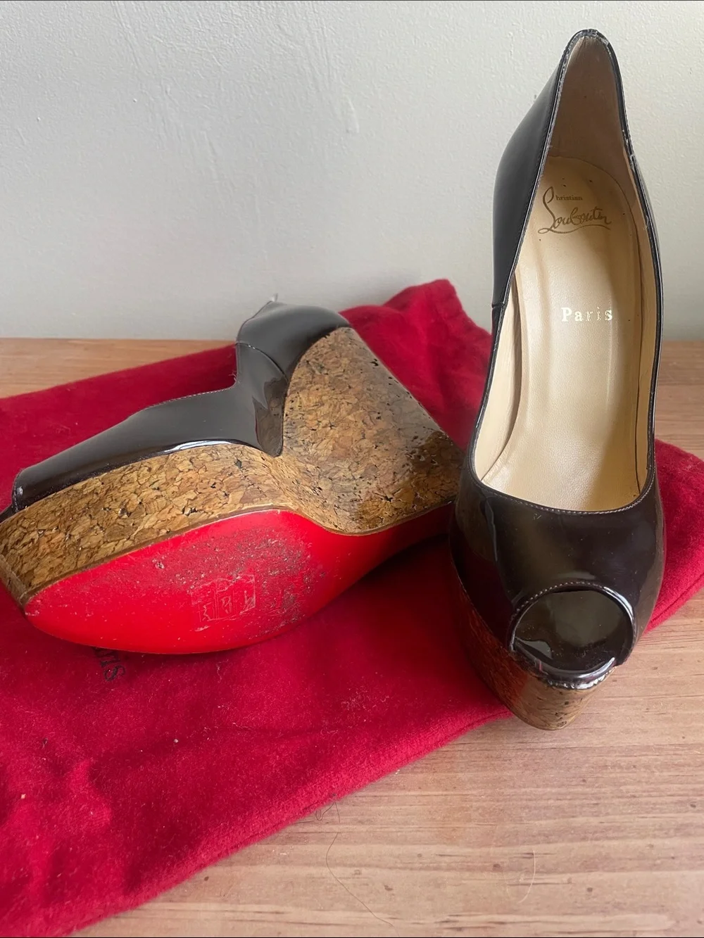 Christian Louboutin Black Patent Peep-Toe Cork Platform Heels